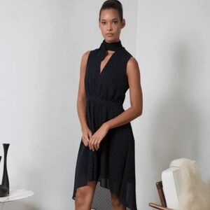 AVEC LES FILLES High Low Tie Neck Midi Dress Black Lapis Dot Size Small